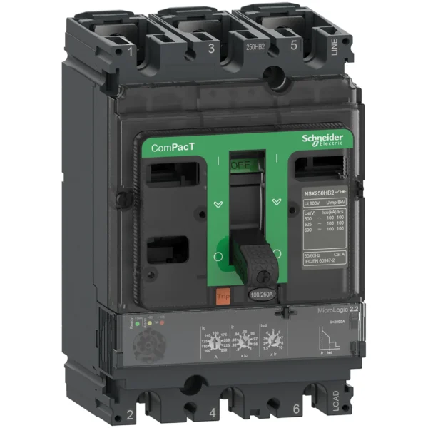 Circuit breaker, ComPacT NSX250F, 36kA/415VAC, 3 poles, MicroLogic 2.2 trip unit 250A C25F32D250 PPCCB - NSX Power Products