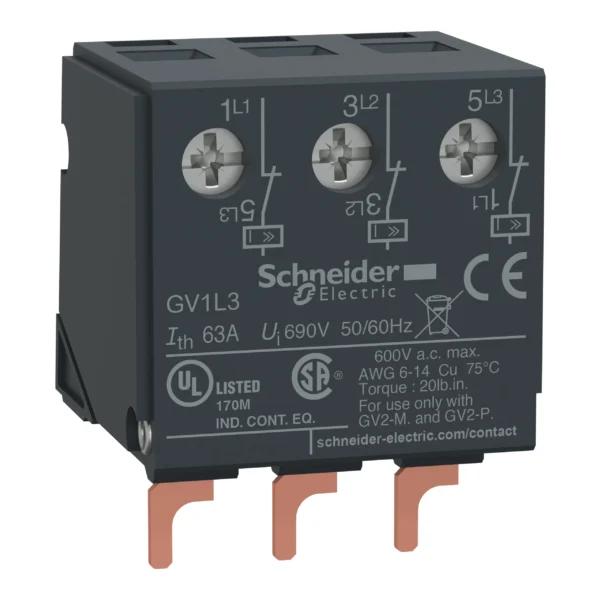 Current limiter,TeSys Deca Frame 2,32A/690V,activation 1.5kA,at top of GV2ME/GV2P/GV2RT with screw clamp connections GV1L3 PPCTR - GV Power Products