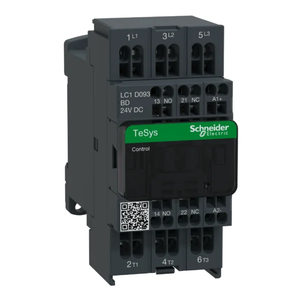 Contactor, TeSys Deca, 3P(3NO), AC-3/AC-3e, <=440V, 9A, 24V DC coil, spring terminals LC1D093BD PPCTR - Tesys D Power Products