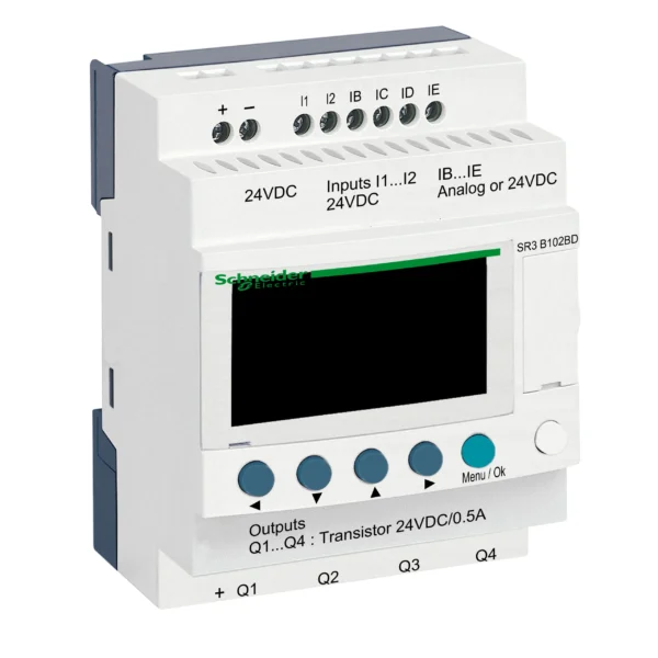 modular smart relay, Zelio Logic SR2 SR3, 10 IO, 24V DC, clock, display, 4 transistor outputs SR3B102BD IDMST - SR3 Industry
