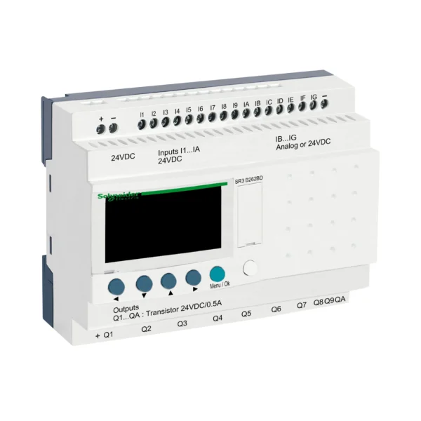 modular smart relay, Zelio Logic SR2 SR3, 26 IO, 24V DC, clock, display, 10 transistor outputs SR3B262BD IDMST - SR3 Industry