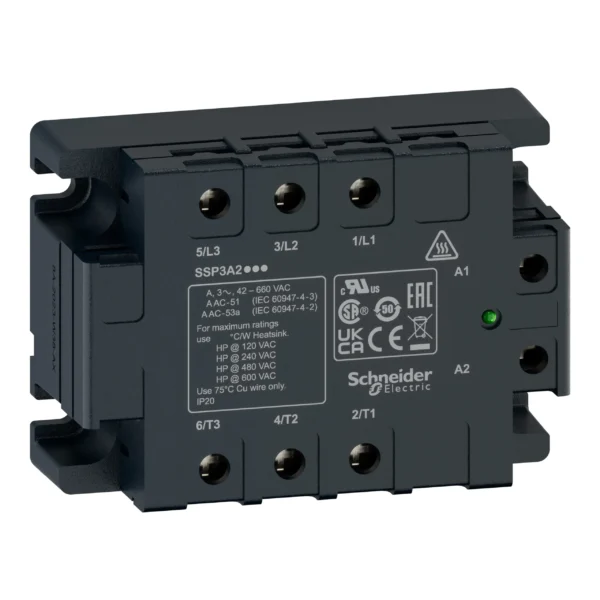 three phase relay, Harmony Solid State Relays, 50A, panel mount, zero voltage switching, thermal pad, input 4 to 32V DC, output 42 to 660V AC SSP3A250BDT IDSIG - Zelio Solid State Relays Industry