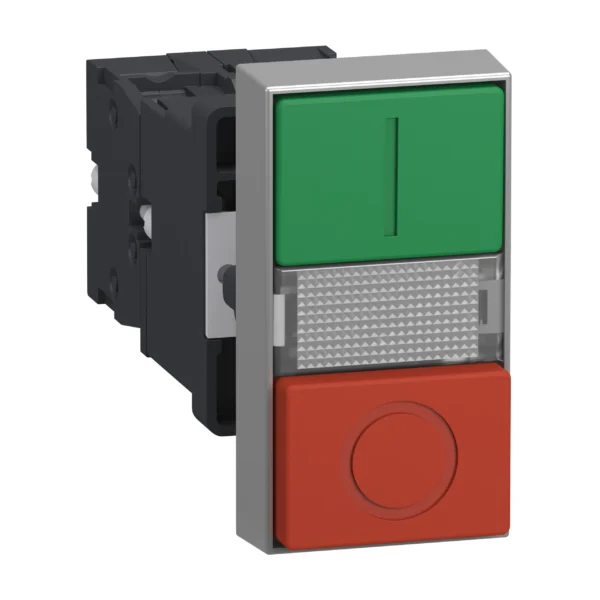 Illuminated double headed push button, Easy Harmony XA2, plastic, 22mm, 1 green flush I + 1 light + 1 red flush O, 220…230V AC, 1NO + 1NC XA2EW7L3741M5 IDSIG - Harmony XA2 Industry